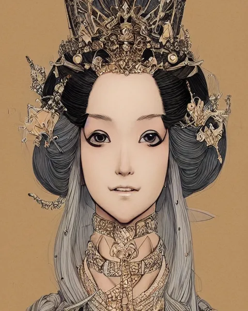 Image similar to portrait of a queen, elegant, beautiful, mesmerizing, concept art, fancy clothing, highly detailed, inspired by otoyomegatari manga, artstation, behance, deviantart, trending, ayami kojima, shinichi sakamoto, kaoru mori