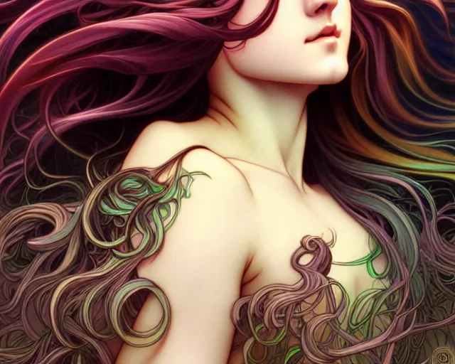 Image similar to overlord, psychedelic flowing hair, close eyes, portrait, highly detailed, deep focus, elegant, digital painting, smooth, sharp focus, illustration, ultra realistic, 8 k, art by artgerm and alphonse mucha and edgar maxence