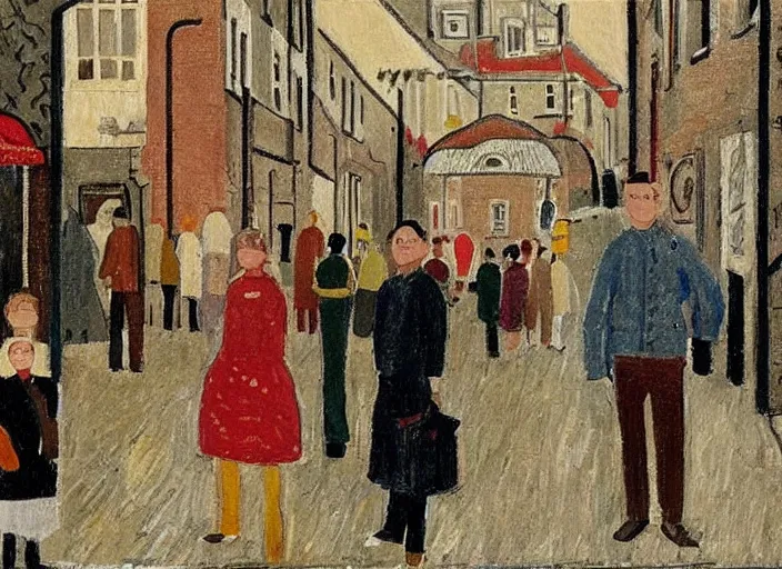 Image similar to a scene from a wes anderson movie painted by ls lowry