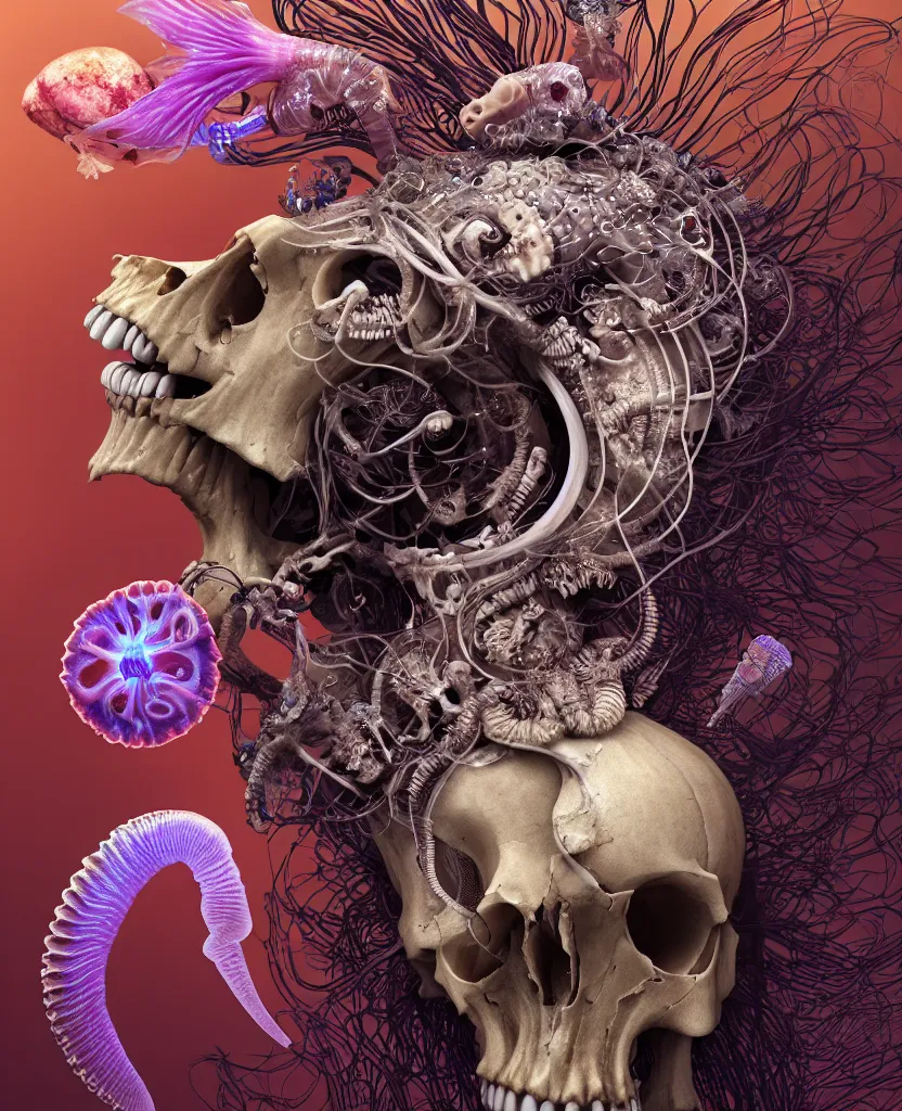 Image similar to goddess close-up portrait ram skull, thorax, x-ray, backbone, jellyfish phoenix head, nautilus, orchid, skull, betta fish, bioluminiscent creatures, intricate artwork by Tooth Wu and wlop and beeple. octane render, trending on artstation, greg rutkowski very coherent symmetrical artwork. cinematic, hyper realism, high detail, octane render, 8k