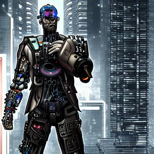 Prompt: a cyberpunk cyborg, half man, half machine