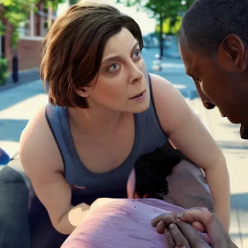 Image similar to rachel bloom helping a thug on the street who is having a medical emergency by calling an ambulance full of bitches, ultra detailed, 8 k resolution, ultrarealistic