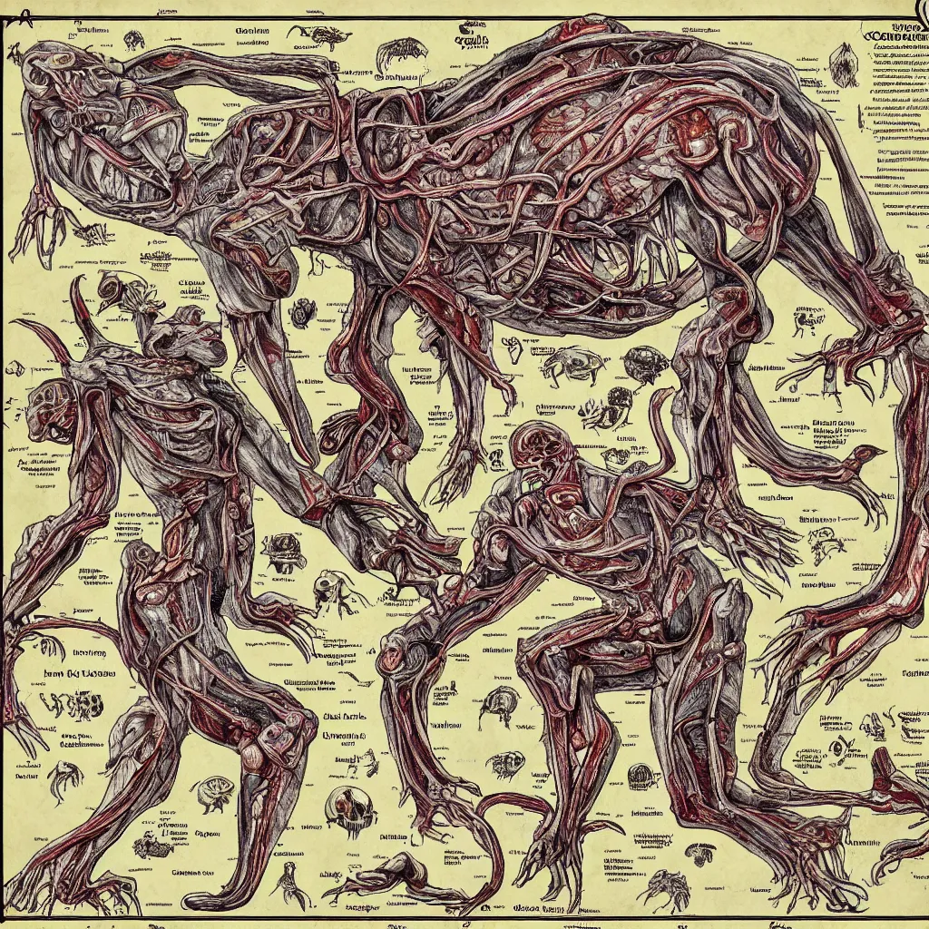 Prompt: creature informative map, chtulhu anatomy, flesh, bones and organs visible, highly detailed, d & d style