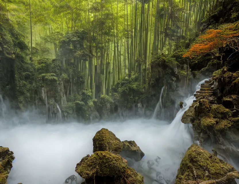 Prompt: a cinematic photo of epic ancient japanese hot springs temples on the top of a mountain in a misty bamboo cloud forest with waterfalls in winter