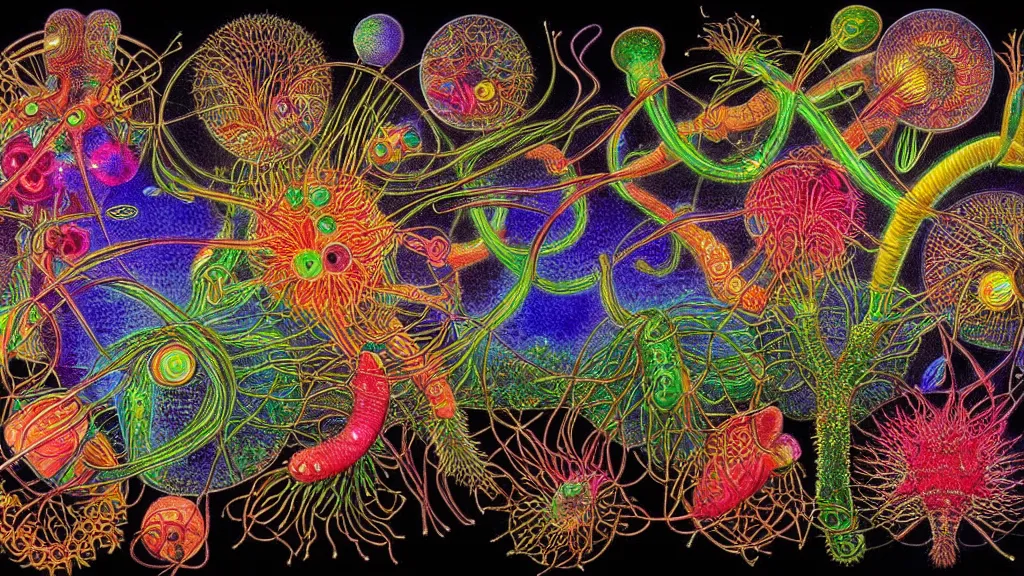 Image similar to quantum connections represented as symbiotic organisms like cells playing around with colorful lights by ernst haeckel, connectivity, sharp, futuristic, magnetic