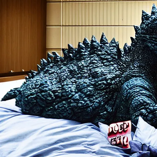 Prompt: godzilla is in bed