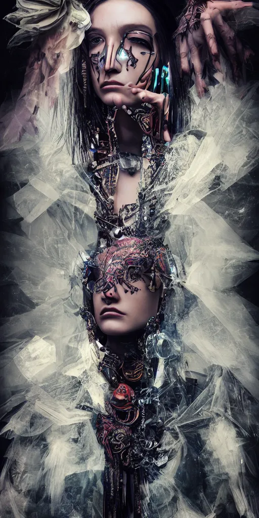 Image similar to hyperrealistic futuristic high fashion photography, girl in studio, full body, vogue magazine, nomad masterpiece, nano parts, neon lights, smoke, eerie music, beautiful intricate face and flawless skin, tribal jewelry, tattoos, perfect hands, head piece, by Edgar Maxence and Ross Tran and Michael Whelan, 8k, octane render