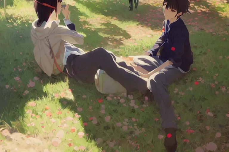 Image similar to boy's love anime high school scene spring setting, high detail concept art, perfect proportions fine face, realistic shaded lighting poster ilya kuvshinov, katsuhiro, jeremy lipkin and michael germash, makoto shinkai, loish and clamp style, trending on art station, best selling artist