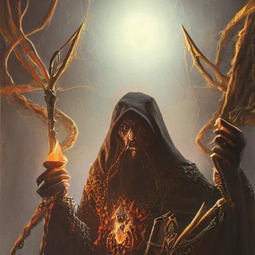 Prompt: black magic sorcerer with a book of spells, elden ring boss, matte painting, detailed, elden ring, oil on canvas