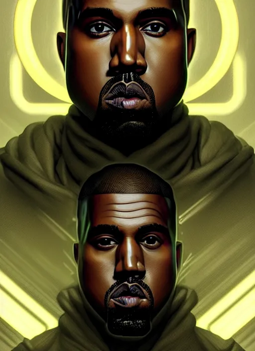 Prompt: symmetry!! portrait of kanye west, metal gear solii, tech wear, glowing lights!! intricate, elegant, highly detailed, digital painting, artstation, concept art, smooth, sharp focus, illustration, art by artgerm and greg rutkowski and alphonse mucha