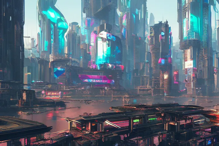 Image similar to future utopian city in the style of a cyberpunk 2 0 7 7 screenshot, concept art, artstation, deviantart, behance, highly detailed