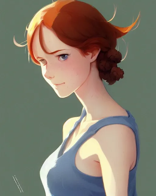 Image similar to young southern woman, freckle, ginger hair, sad cerulean eyes, simple cream dress, detailed perfect face, mid view, by artgerm, by studio muti, greg rutkowski makoto shinkai takashi takeuchi studio ghibli