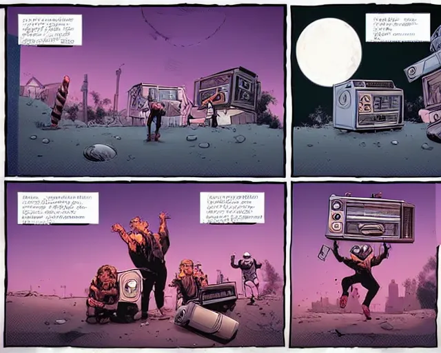 Image similar to three panels from a cell shaded comic book showing a big fat boombox, in front of a big moon, illustration, wide shot, muted colors, post grunge, concept art by josan gonzales and wlop, david rubin, mike mignola, laurie greasley, highly detailed, sharp focus, trending on artstation, hq, deviantart, art by artgem