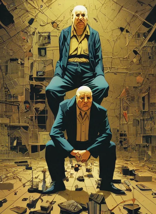 Prompt: poster artwork by Michael Whelan and Tomer Hanuka, Karol Bak of Alfred Hitchcock squatting crouched in the middle of a large empty room, no people, deserted, from scene from Twin Peaks, clean