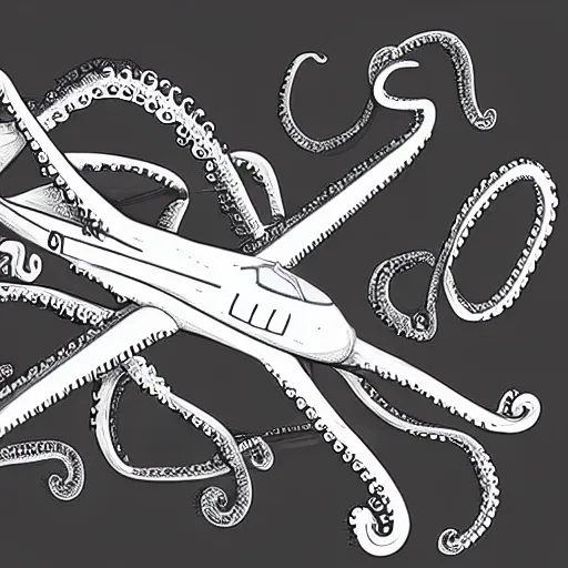 Prompt: illustration of an airplane with motors made of octopus tentacles