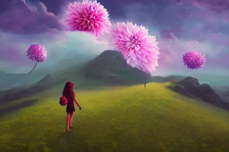 Image similar to giant dahlia flower as a head, girl walking on mountain, surreal photography, stars, dramatic light, impressionist painting, storm clouds, digital painting, artstation, simon stalenhag