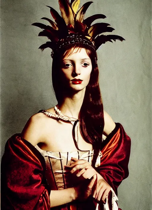 Prompt: portrait of young woman in renaissance dress and renaissance headdress, art by helmut newton