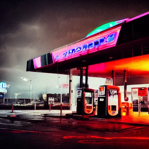 Prompt: “gas station photography, neon, heavy rain, cars, cyberpunk, various subjects, 8k, high detail, digital photography” w-1024