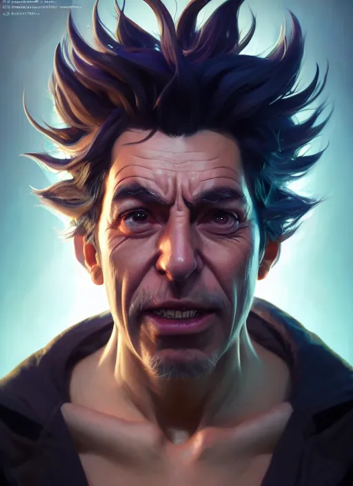 Image similar to concept art by artgerm, amazingly beautiful portrait of a hyper realistic, frowning, sad rick sanchez by greg rutkowski, artgerm, alphonse mucha, concept art, octane render, highly detailed, high quality, 8 k, soft lighting, path traced, and uang guangjian and gil elvgren, symmetry!!