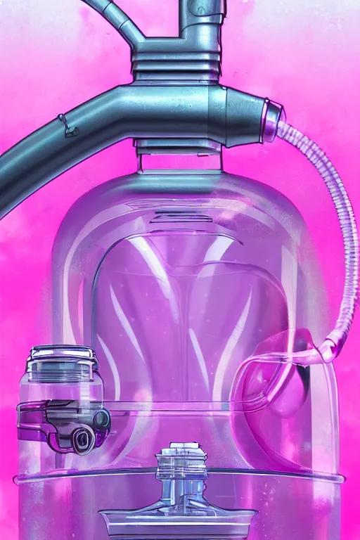 Image similar to Pink Vapor Inhalation Machine Conected to a Vat of Pink Liquid by a Tube, fantasy, magic, ultra detailed, digital art, trending on artstation, illustration