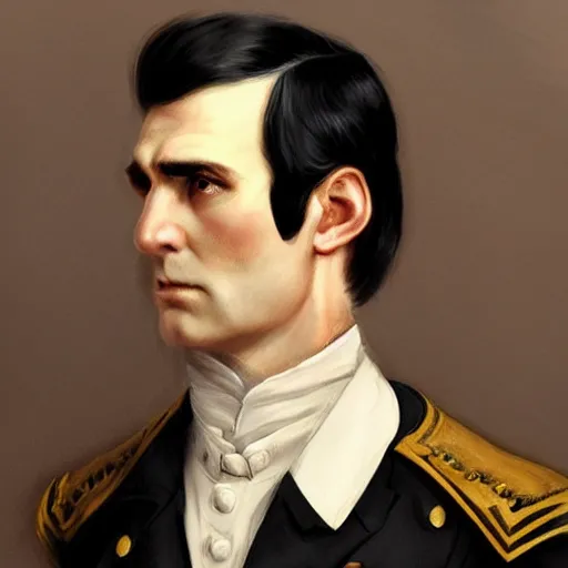 Image similar to a clean shaven confederate general with puffy black sideburns short black hair a side part and a square face, an english man, dnd character art, painting by artgerm and ed binkley, HDR color