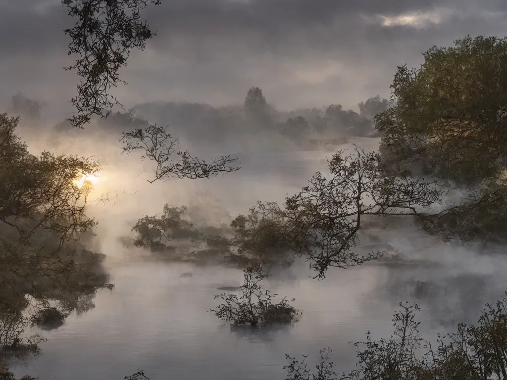 Image similar to A landscape photo taken by Kai Hornung of a river at dawn, misty, early morning sunlight, cold, chilly, two swans swim by, rural, English countryside