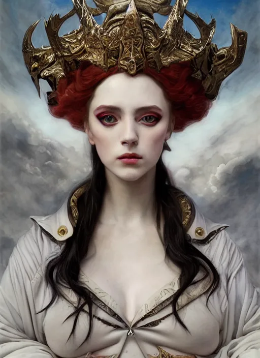 Prompt: white horns queen demon, elegant, wearing a bomber jacket, hyper realistic, intricate skin pattern texture extremely detailed, dnd character art portrait, fantasy art,, dramatic lighting, vivid colors, artstation, by edgar maxence and caravaggio and michael whelan and delacroix, lois van baarle and bouguereau