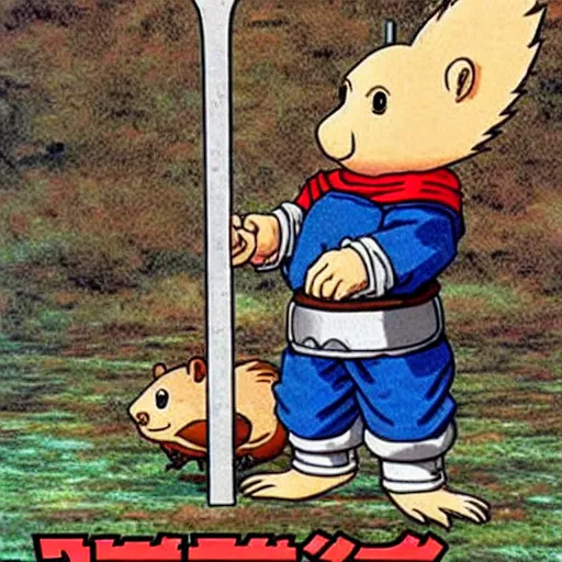 Prompt: Akira Toriyama’s original design for the beloved anthropomorphic beaver, who is also a medieval holy crusader knight, holding enormous sword