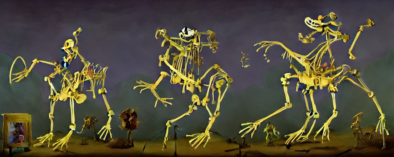 Prompt: muppet frog horseman riding a glowing baroque unicorn skeleton in foggy dark landscape, in style of tarot card, painting by neo rauch, part by adrian ghenie and daniel richter, in color palette of francis bacon, eerie, mystical, sublime