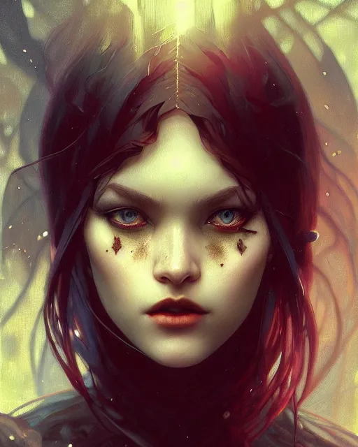 Image similar to highly detailed vfx portrait of a beautiful vampire girl, wonderful eyes, three - dimensional rendering, unreal engine, alexey gurylev, greg rutkowski, loish, rads, beeple, makoto shinkai and lois van baerle, rossdraws, tom bagshaw, alphonse mucha, global lighting, detailed and complex environment