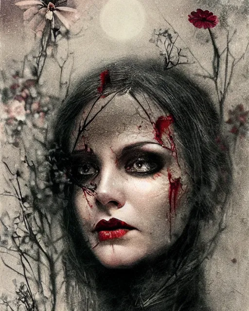 Prompt: a beautiful but sinister and creepy woman in layers of fear, with haunted eyes, violence in her eyes, putting on lipgloss, 1 9 7 0 s, seventies, delicate embellishments, a little blood, woodland, moonlight shining on wildflowers, painterly, offset printing technique, by mary jane ansell