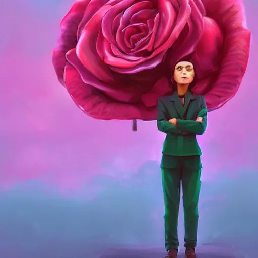 Image similar to closeup, huge rose flower under head, frontal, girl in a suit, surreal photography, sunrise, dramatic light, impressionist painting, digital painting, artstation, simon stalenhag