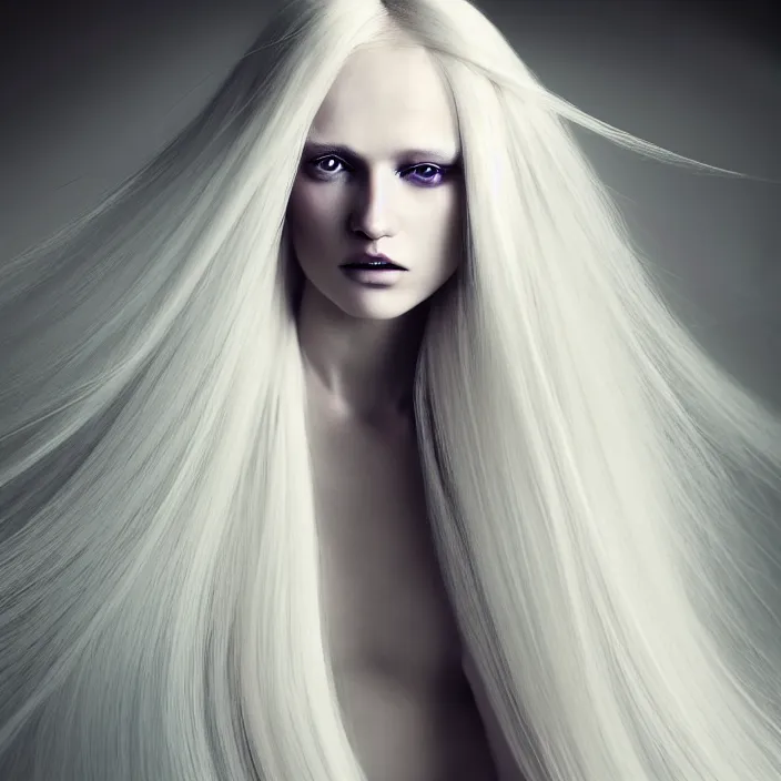 Prompt: a beautiful woman with long voluming blond hair dressed in long white, fine art photography light painting by Paolo Roversi, professional studio lighting, volumetric lighting, dark colors scheme background, hyper realistic photography, in style of vogue fashion magazine style