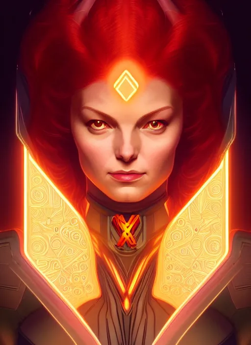 Image similar to symmetry portrait of jean grey from 9 0 s x - men, glowing lights, intricate, elegant, highly detailed, digital painting, artstation, concept art, smooth, sharp focus, illustration, art by artgerm and greg rutkowski and alphonse mucha