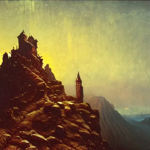 Image similar to a detailed profile oil painting of a lone medevil castle on a mountain, lightning, aurora lighting clouds and stars by beksinski carl spitzweg and tuomas korpi. baroque elements, full - length view. baroque element. intricate artwork by caravaggio. trending on artstation. 8 k