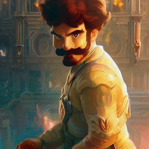 Prompt: wide shot of man super mario, highly detailed, digital painting, artstation, illustration, art by artgerm and greg rutkowski and alphonse mucha