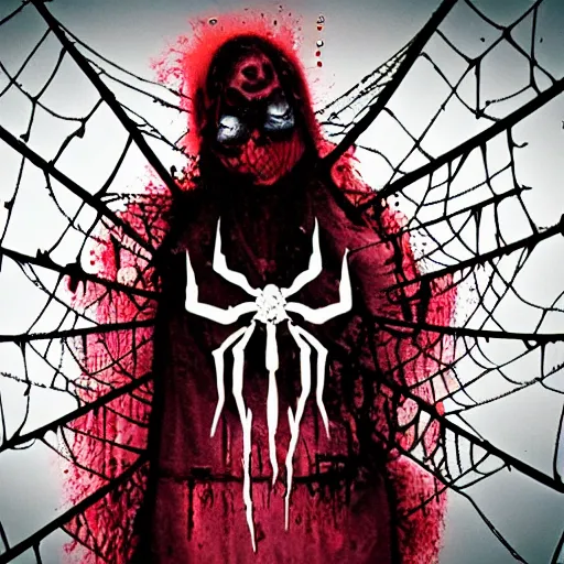 Image similar to spider webs dripping blood, rich decaying bleeding colors, horrorcore spider