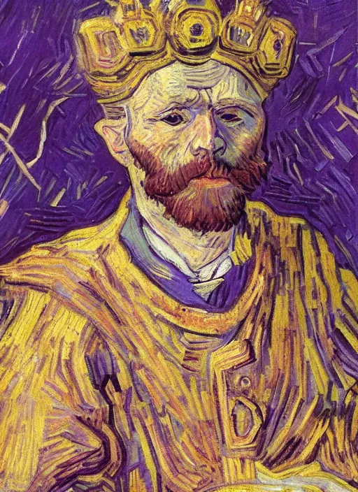 Prompt: detailed expressionist!! oil painting masterpiece portrait of an ancient emperor on his throne!! by van gogh, 8 k resolution, smooth, sharp focus, matte painting, beautiful masterpiece expressionist painting, greys and golds and purples