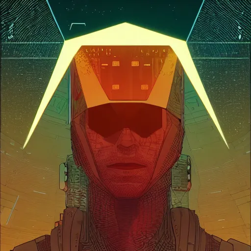 Image similar to stunningly intricate high angle close up of a cyberpunk explorer looking up at a floating triangular glowing monolith, highly detailed, midnight, by victo ngai and james gilleard, moebius, laurie greasley