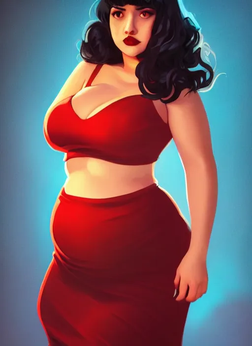 Image similar to full body portrait of teenage veronica lodge, obese, bangs, sultry, realistic, sultry smirk, wavy hair, red skirt, fat, belly, intricate, elegant, glowing lights, highly detailed, digital painting, artstation, concept art, smooth, sharp focus, illustration, art by wlop, mars ravelo and greg rutkowski