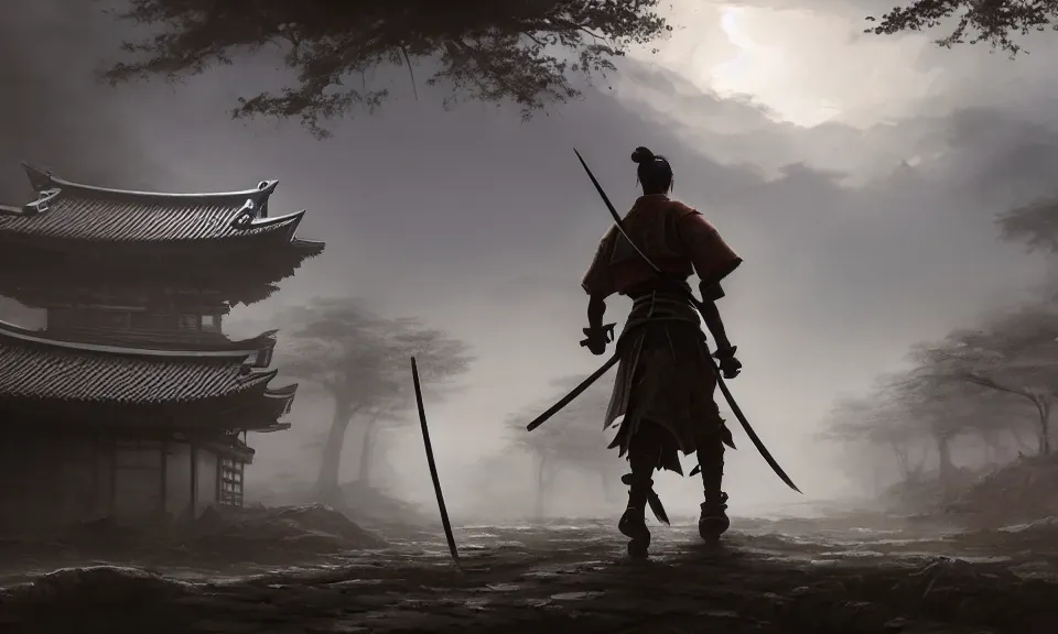 Image similar to Futuristic matte painting of a samurai warrior walking through an abandoned japanese village, volumetric light scattering, highly detailed, digital art, Andreas Rocha, Greg Rutkowski, Darek Zabrocki, ArtStation, CGSociety, Unreal Engine, 4K, 8K