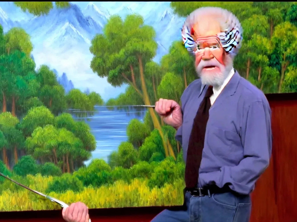 Image similar to old!!!! bob ross is sad and angry and yelling!!! at a huge painting of nature by bob ross