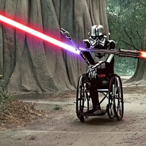 Image similar to General Grievous in a wheelchair with 4 lightsabers, photo from star wars the prequel,