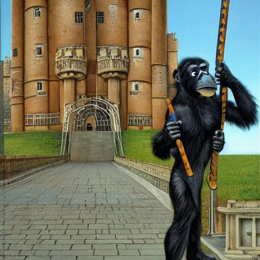 Image similar to casual by peter elson. a street art that features a chimpanzee surrounded by a castle turret. the chimp is shown wearing a crown & holding a scepter, & the castle is adorned with banners.