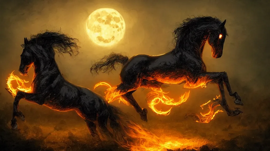 Image similar to rampant black horse with fiery eyes a headless colonial rider!!!! holds a ( jack - o - lantern ), background gnarled trees and large supermoon, in the styles of greg rutkowski, keith parkinson, and john quidor, intricate, detailed, volumetric lighting