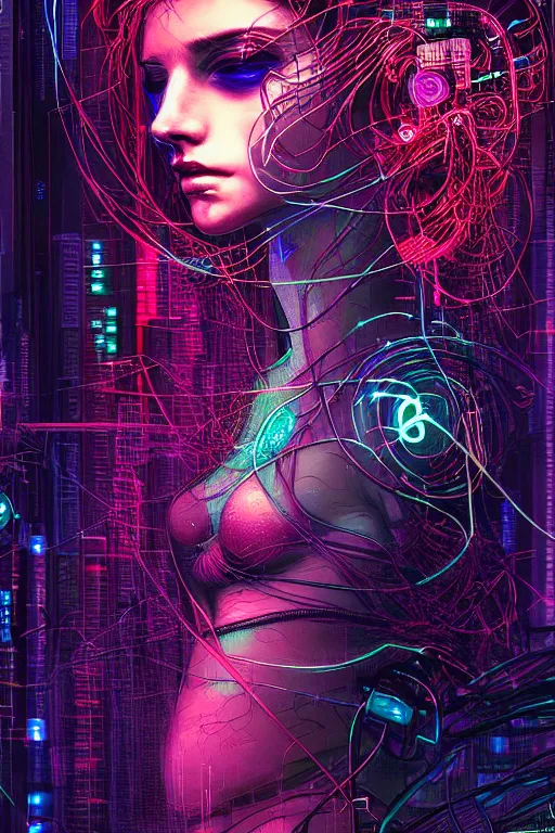 Image similar to dreamy cyberpunk girl, abstract smoke neon, digital nodes, computer network, beautiful woman, detailed acrylic, grunge, intricate complexity, by dan mumford and by alberto giacometti, arthur rackham