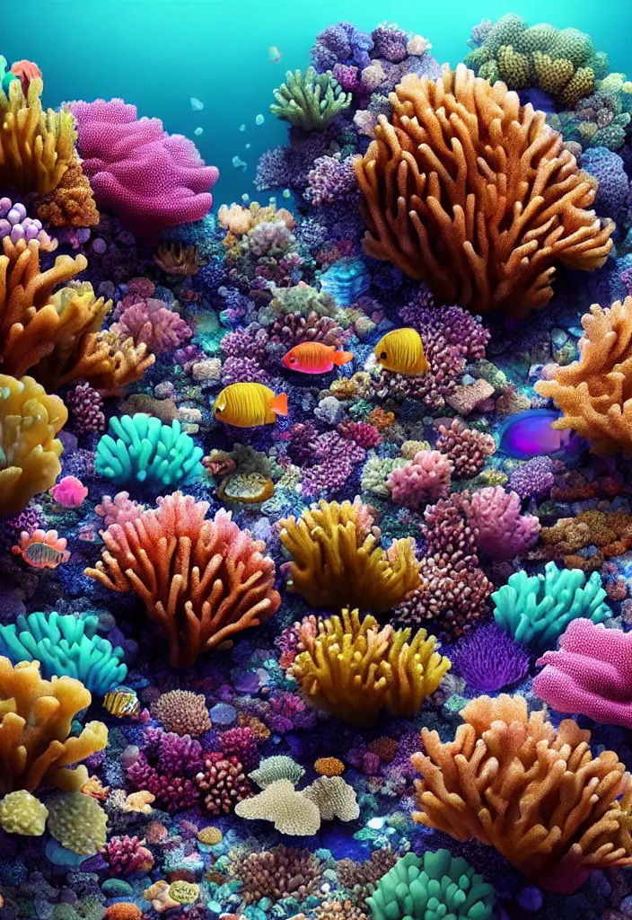 Image similar to A beautiful, hyperrealistic ultradetailed 3d render of an underwater coral reef made of iridescent crystals by stephen martiniere and Antonio Manzanedo, 8k, high detail, 3d render, vray, raytracing, unreal engine, volumetric lighting, ultrawide angle, featured on artstation, a diamond, transparent crystals, gems, cubic minerals, cubic crystals, colorful crystals, iridescent, epic scale