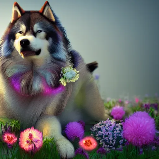 Image similar to alaskan malamute made of flowers playing in a bioluminescent forest at dusk, octane render, colorful, beautiful