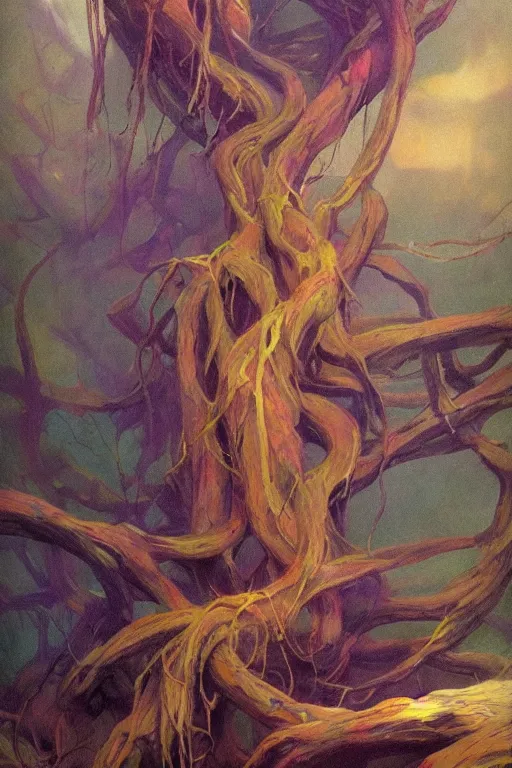 Image similar to tangling mighty roots dangling miserable dirge placid terror by trending on artstation, fantasy, full of colors, realistic materials, photo realistic, postprocessing painting by caspar david frederich print by mabel royds