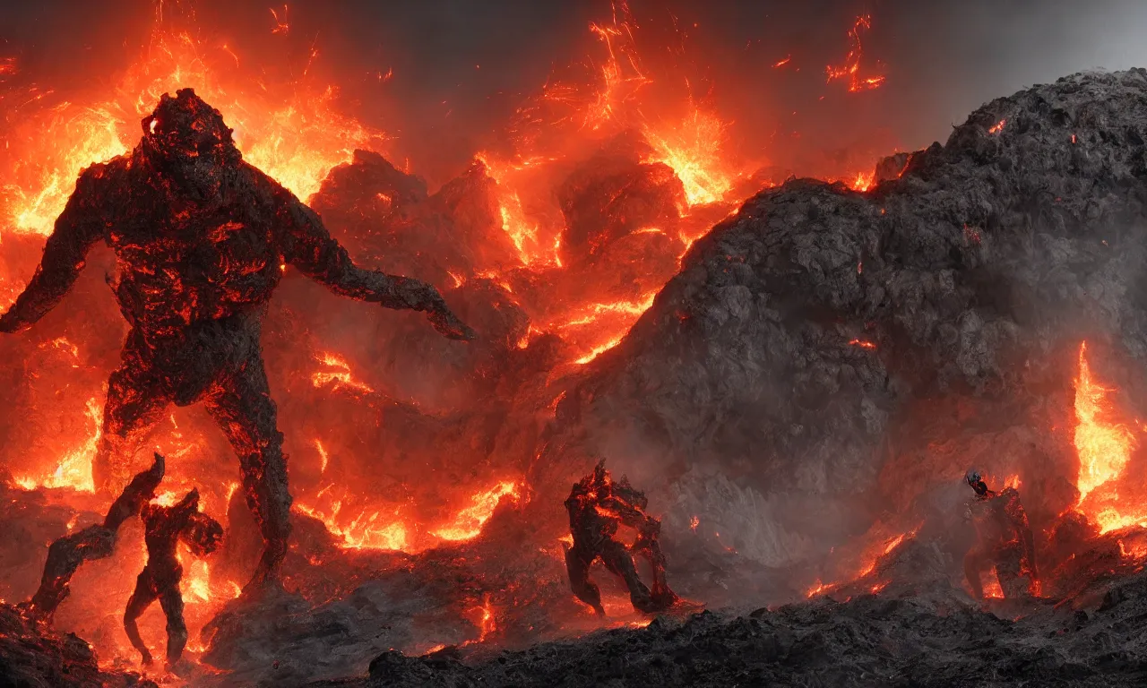 Prompt: a fire golem emerging from the crater of a volcano surrounded by the police and the army, dramatic effects, epic composition, large scale, octane render, digital art, sharp focus, 8k trending on artstation, action pose
